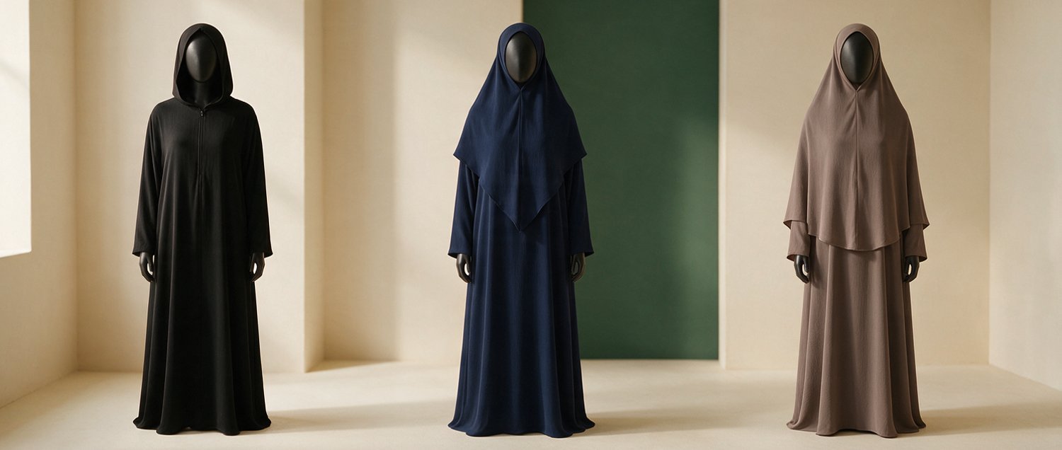 Three full-length jilbabs on dress forms: black hooded jilbab with concealed front zip, navy jilbab with long hood over the chest, taupe two-piece jilbab with long headpiece and wide skirt