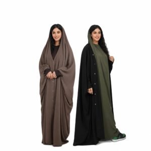 Button-front one-piece jilbab shown in brown and black