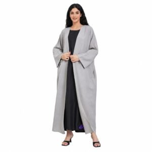 Grey open abaya over a black inner dress