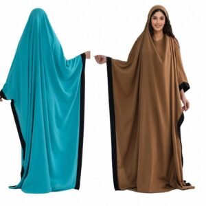 Batwing jilbab prayer dress in teal and camel with black contrast trim