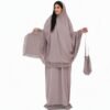 Taupe lace-trim jilbab prayer set with matching prayer mat and bag