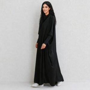 Black batwing two-piece khimar prayer set, side view
