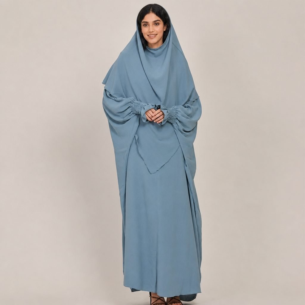 Blue one-piece khimar prayer dress with smocked cuffs
