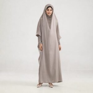 Plain taupe prayer abaya set supplied for a Riyadh corporate welfare programme