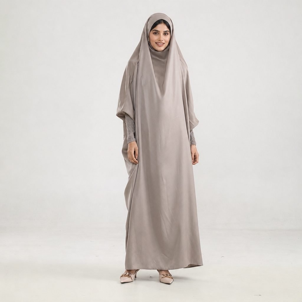 Plain taupe prayer abaya set supplied for a Riyadh corporate welfare programme