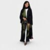 Black and olive floral-print open kimono abaya