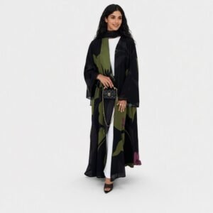 Black and olive floral-print open kimono abaya