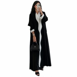 Black open abaya with white contrast panel