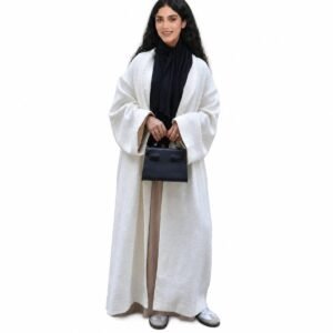 Cream white open kimono abaya layered over a black inner dress