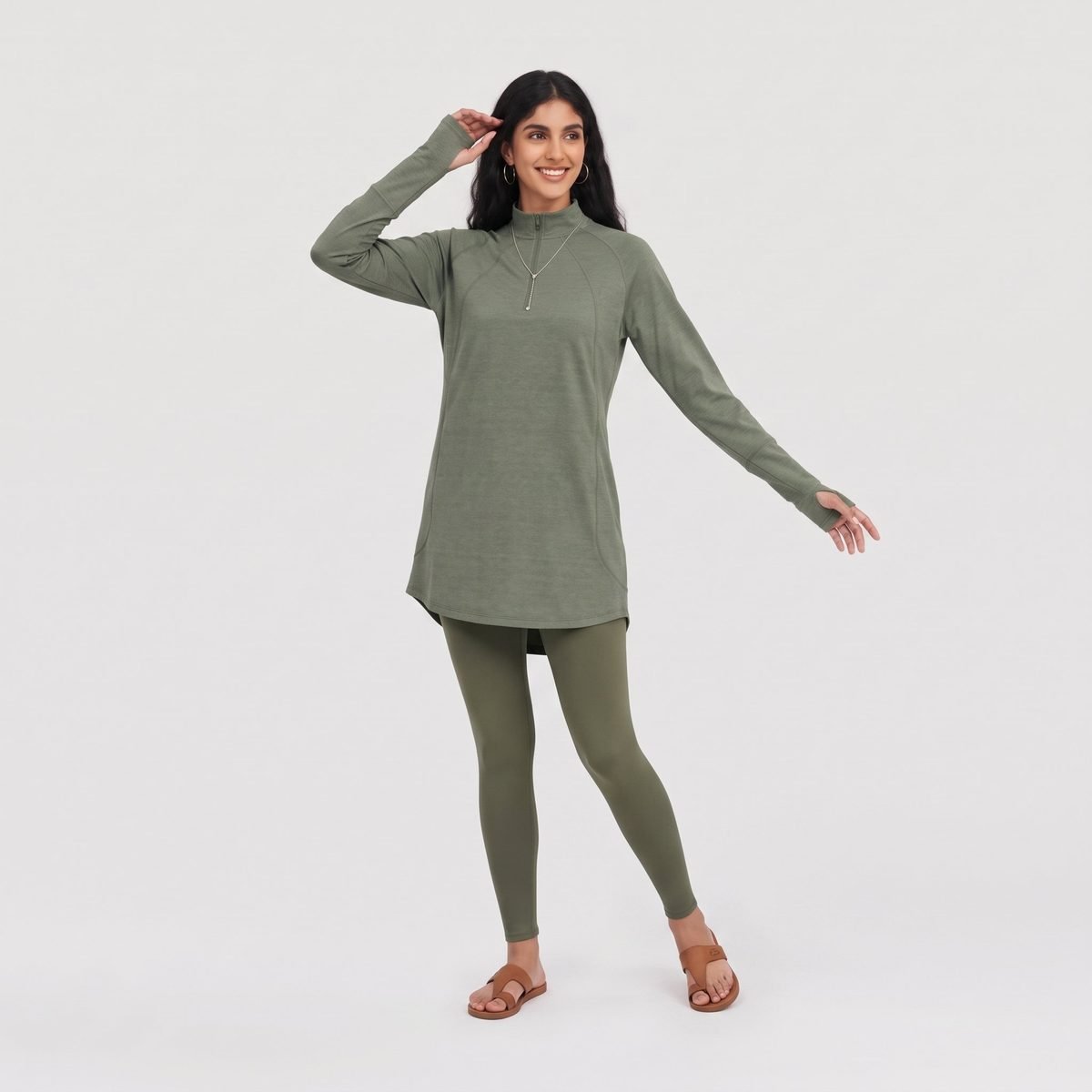 Latest Olive Green Half Zip Soft Stretch Modest Muslim Sportswear Set for Islamic Ladies Gym Jogging Da - Image 2