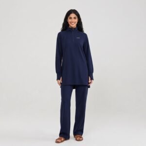 Latest Navy Half Zip Soft Stretch Loose Modest Muslim Sportswear Set for Islamic Ladies Gym Daily Joggi