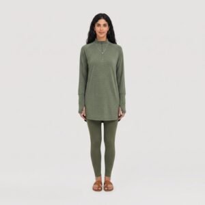 Latest Olive Green Half Zip Soft Stretch Modest Muslim Sportswear Set for Islamic Ladies Gym Jogging Da