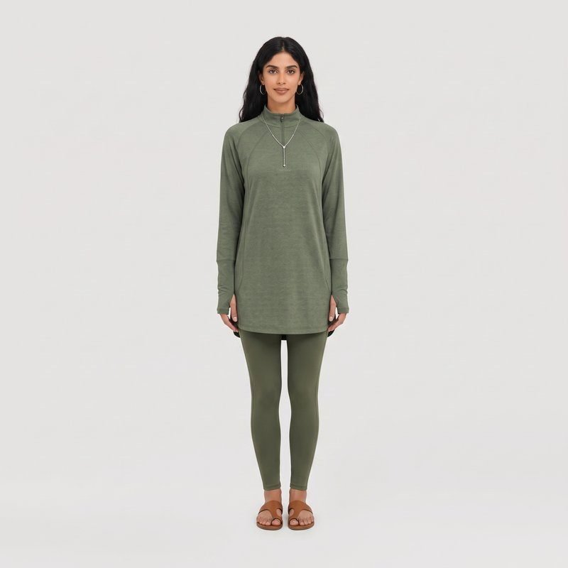 Latest Olive Green Half Zip Soft Stretch Modest Muslim Sportswear Set for Islamic Ladies Gym Jogging Da