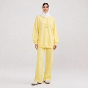 Modest Muslim Women 2 Piece Set Hooded Long Sleeve Top Wide Leg Pants Casual Islamic Tracksuit Outfit