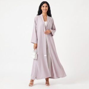 Alternative view of Modest Dresses Women Pearl-embellished Flowy Crepe Pearl Bead Light Purple Lapel Collar Abaya Women Muslim Dress
