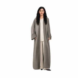 Taupe open abaya over a cream inner dress