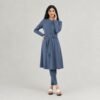 Steel blue belted tunic with slim pants