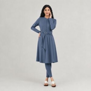 Steel blue belted tunic with slim pants