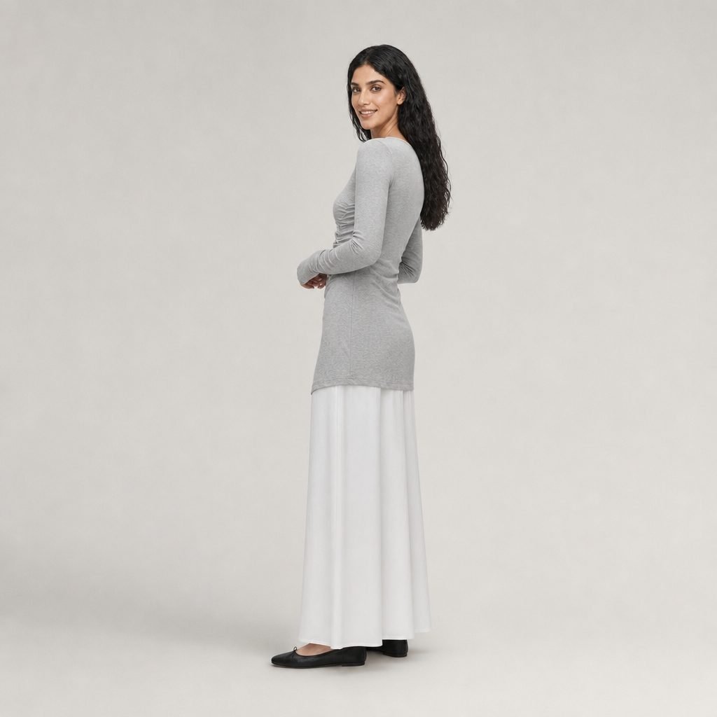 Grey long-sleeve top with white maxi skirt, modest two-piece co-ord set