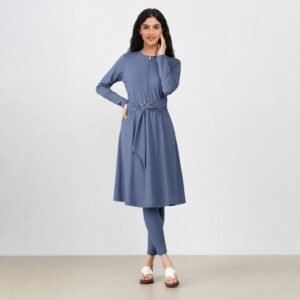 Steel blue zip-front belted A-line tunic and leggings set