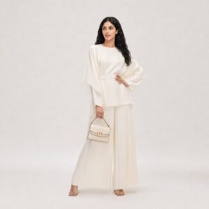 Cream batwing-sleeve top with pleated wide-leg pants