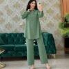 Sage green button-front tunic and wide-leg pants set