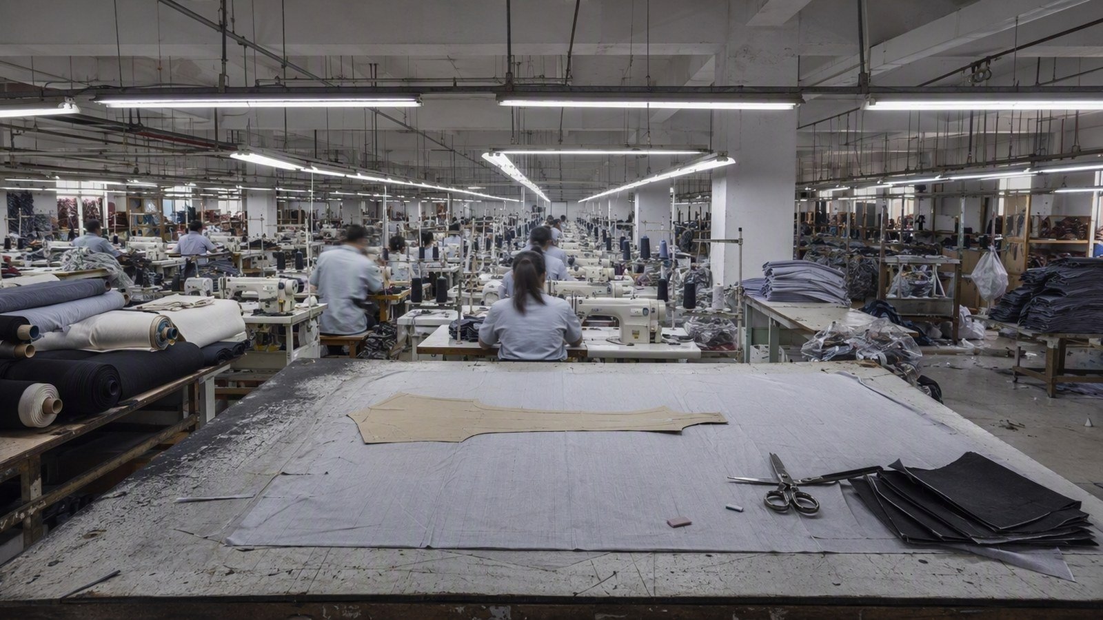 Wide shot of the ModestRise factory floor — cutting table in front of the sewing lines