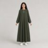 Olive puff-sleeve modest maxi dress