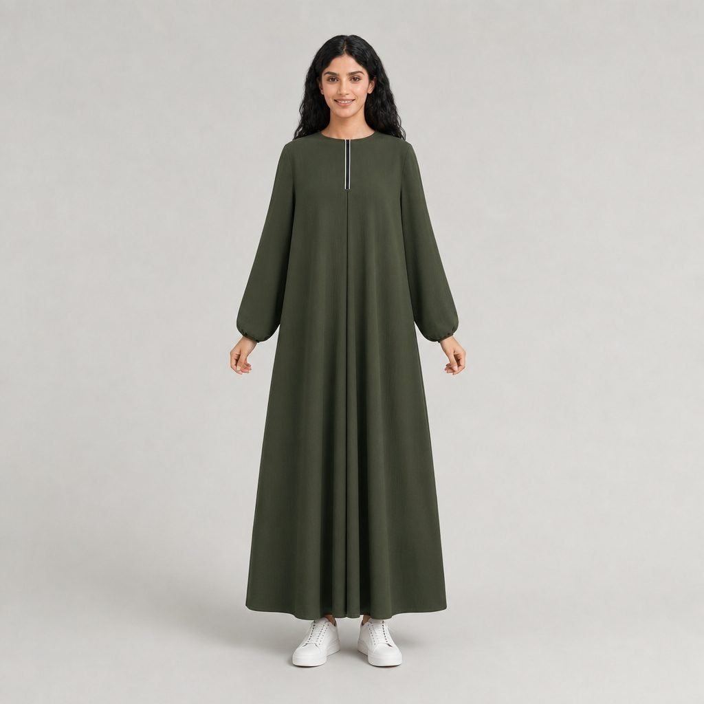 Olive puff-sleeve modest maxi dress
