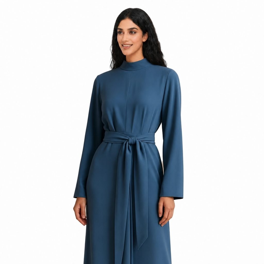 Steel blue mockneck maxi dress produced for a Jeddah wedding service