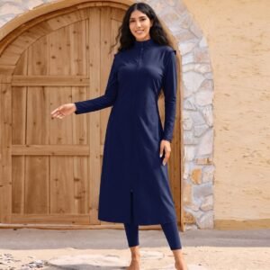 Alternative view of Navy Solid Full-Zip Long Tunic Burkini Set