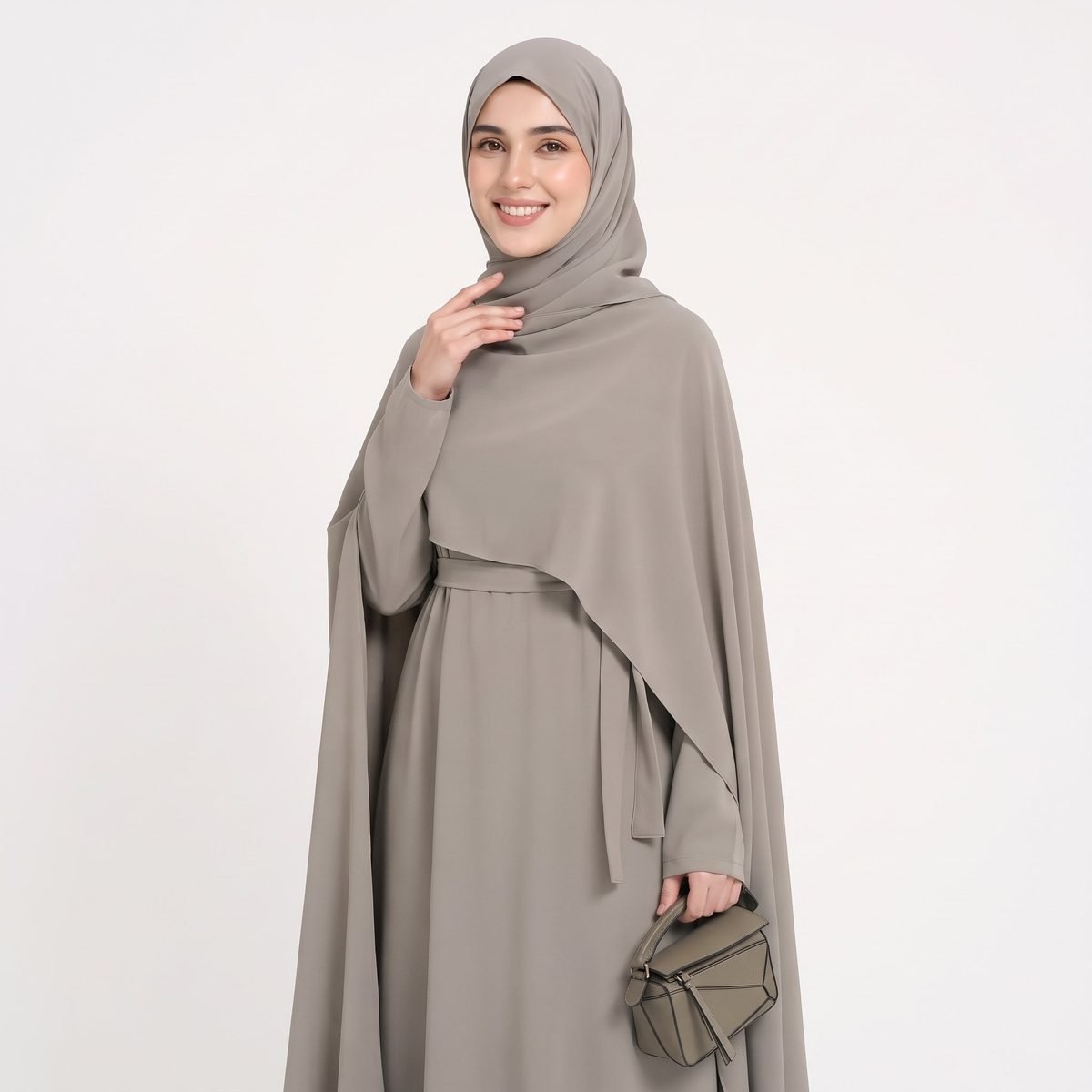 Oem Beige Cape Abaya Set,2026 Eid Muslim Women Modest Abaya Dress With Waist Belt - Image 2