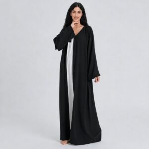 Black open V-neck abaya over a white inner dress