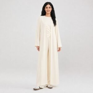 Cream open-front abaya with wide-leg pants set