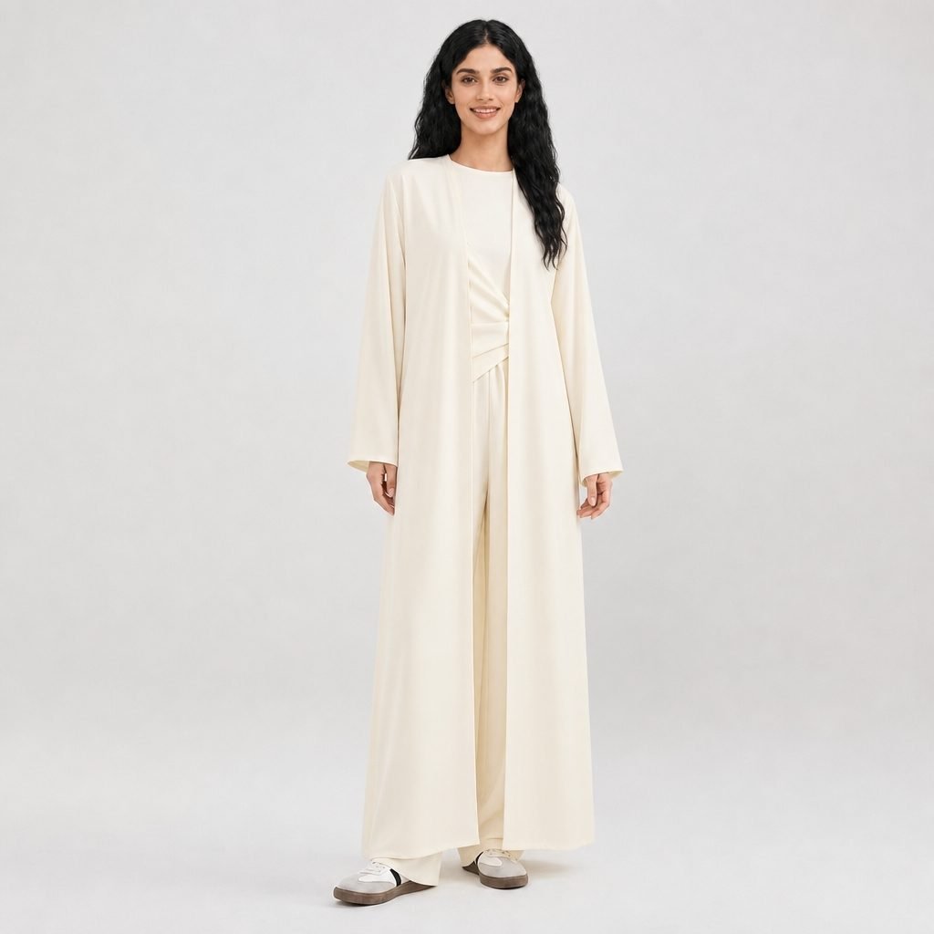 Cream open-front abaya with wide-leg pants set