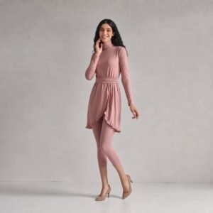 Alternative view of Pink Ruffle Asymmetric-Hem Burkini with Capri Leggings