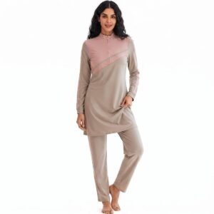 Pink & Taupe Colour-Block Zip Burkini Set - Image 2