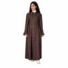 Brown button-front maxi dress with mandarin collar and ruffle cuffs