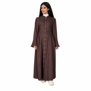 Brown button-front maxi dress with mandarin collar and ruffle cuffs