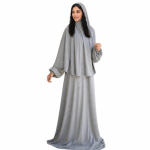 Grey two-piece khimar and skirt prayer set with batwing sleeves