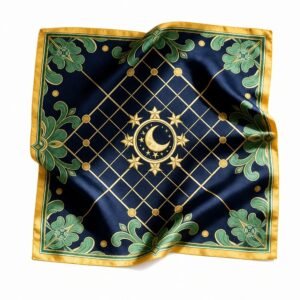 Navy and gold square hijab scarf with crescent moon motif