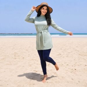 Sage Mint Belted Tunic Burkini with Navy Leggings - Image 2