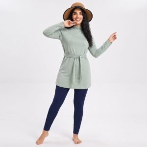 Sage Mint Belted Tunic Burkini with Navy Leggings - Image 3
