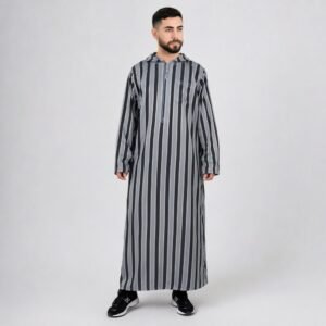 Men's grey and black striped hooded thobe