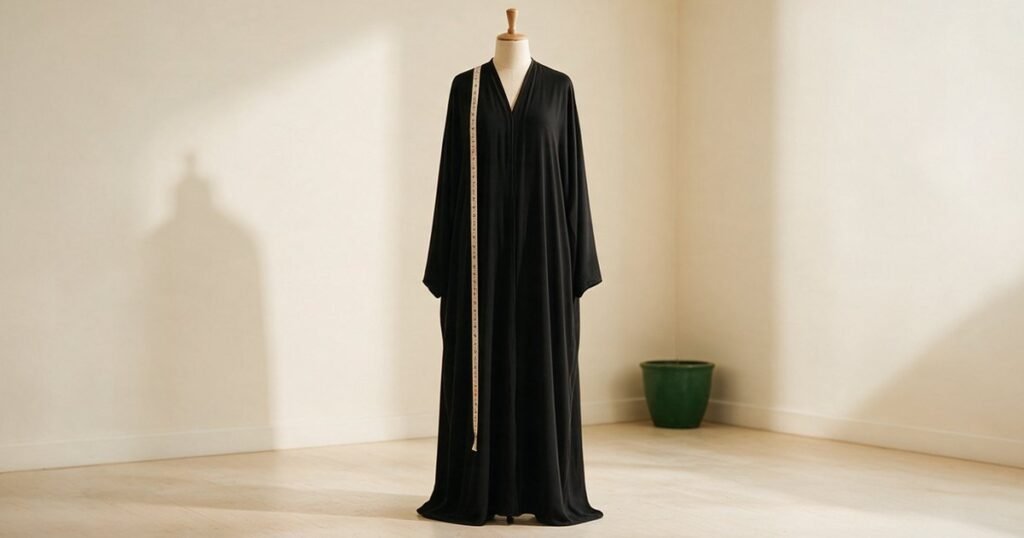 Black abaya on a dress form with a measuring tape along the front, for an abaya size chart