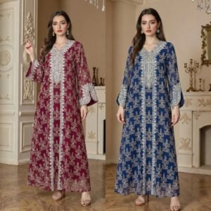 baroque damask print chiffon jalabiya vneck