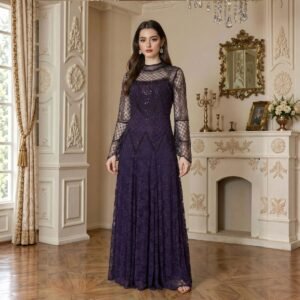 beaded lace evening gown long sleeve