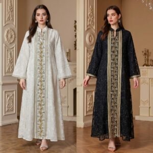 gold brocade trim open kaftan jalabiya