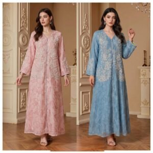 jacquard open front jalabiya sequin floral