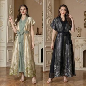 metallic brocade open abaya set belted